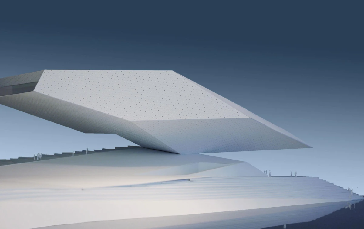 Futuristic white cantilevered pavilion over a tiered plaza, with small silhouettes of people on the steps.