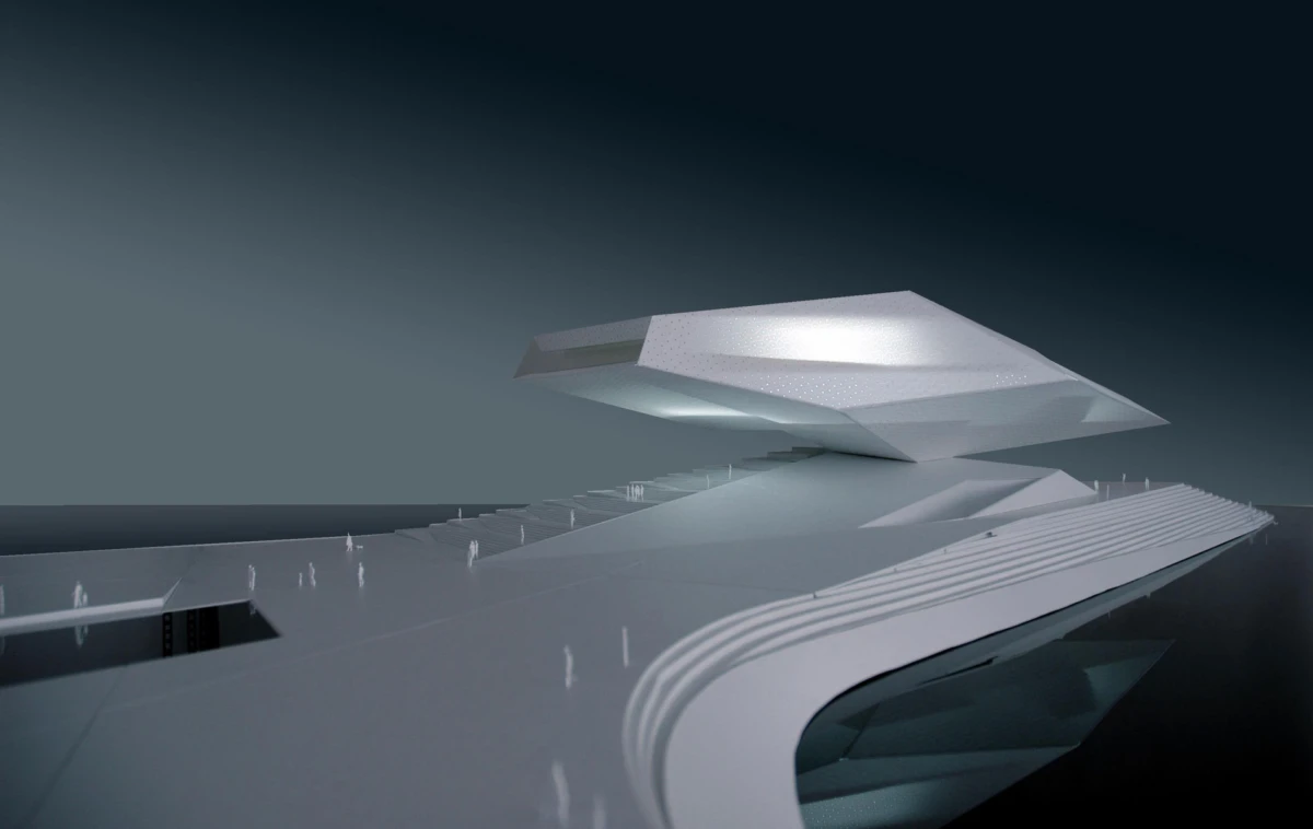 Futuristic white pavilion with two stacked angular slabs hovering over a curved terrace along a calm body of water; tiny silhouettes on the deck.