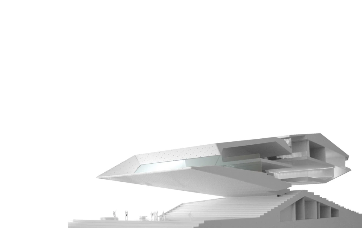 Futuristic cantilevered building perched on a stepped podium, white minimalist architecture against a blank background.
