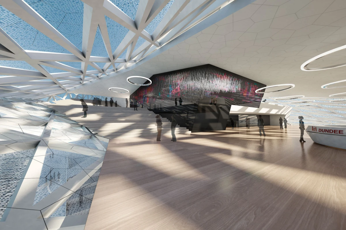 Futuristic museum atrium with glass lattice roof, circular ring lights, and wooden floor; visitors walk around a dark angular sculpture.