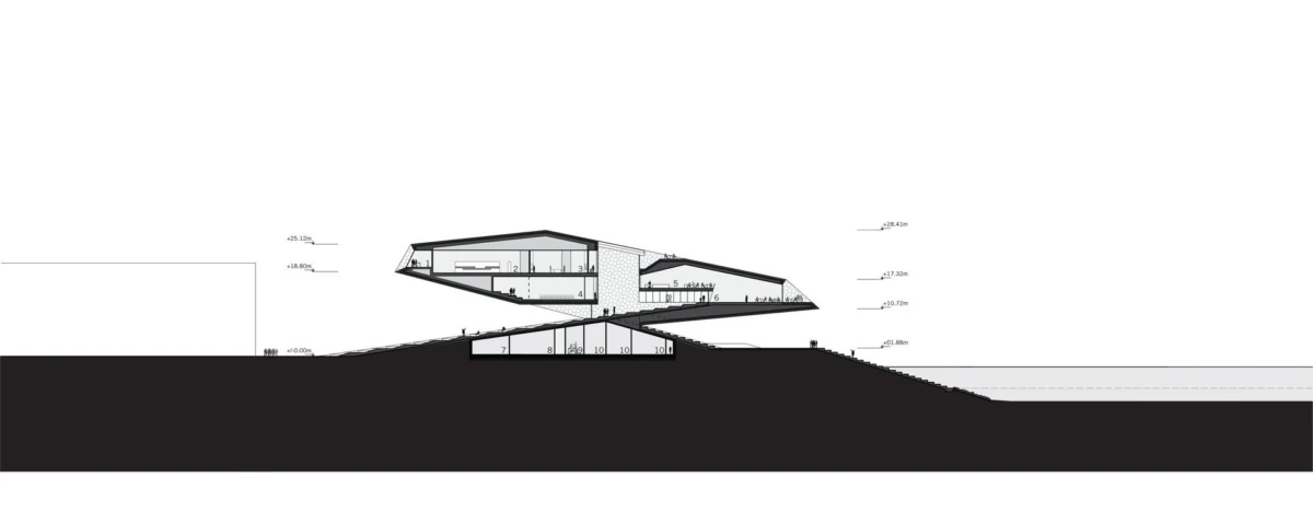 Architectural cross-section of a cantilevered hillside building with two stacked glass volumes and exposed interiors.