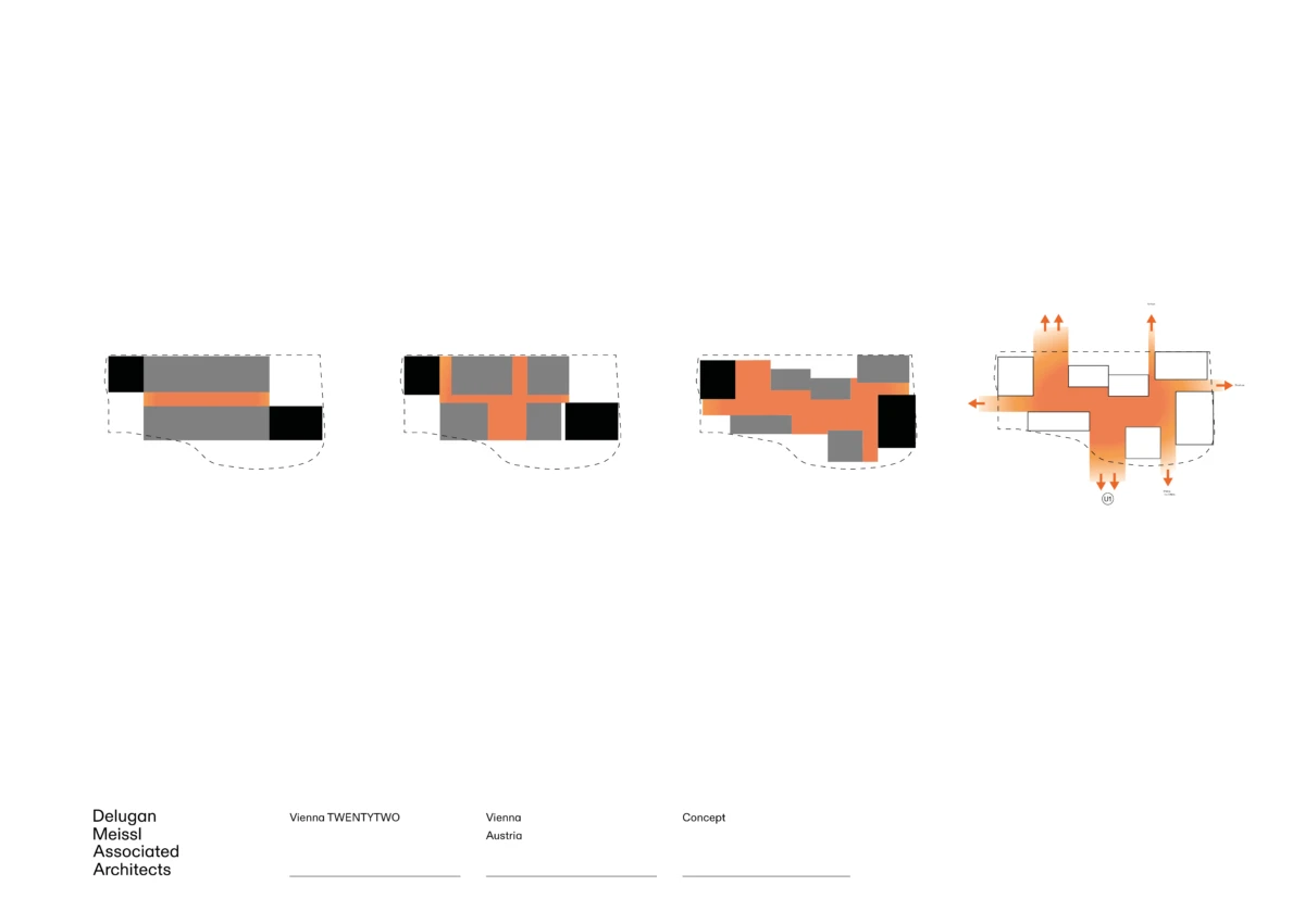 Four schematic logo progressions for an architecture firm; orange cross motif over gray blocks on a white background.