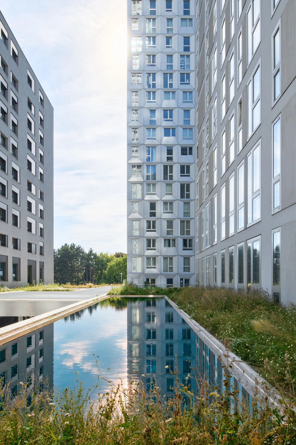Long rectangular reflecting pool between two modern apartment buildings, with greenery along the edges and mirrored blue sky.