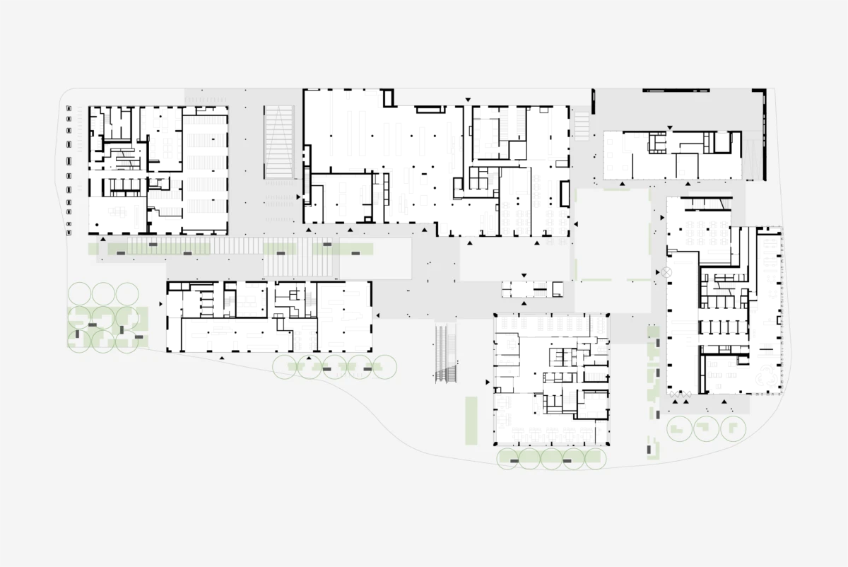 Architectural site plan of a multi-building complex showing connected interiors, courtyards, and tree-lined surroundings.