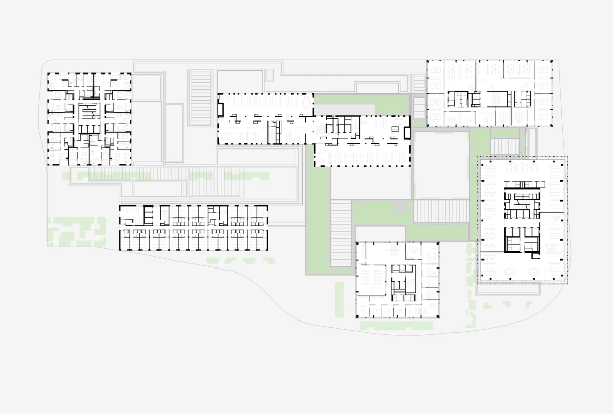 Architectural site plan of a multi-building complex with interlinked blocks, walkways, and green courtyards.