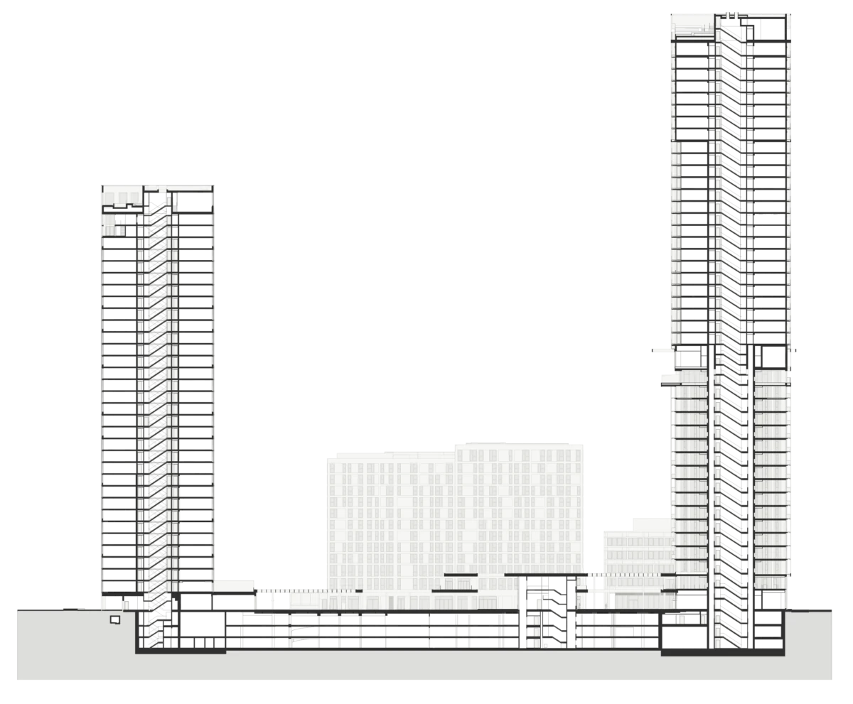 Architectural cross-section of twin high-rise towers connected by a long podium, with a faint cityscape in the background.