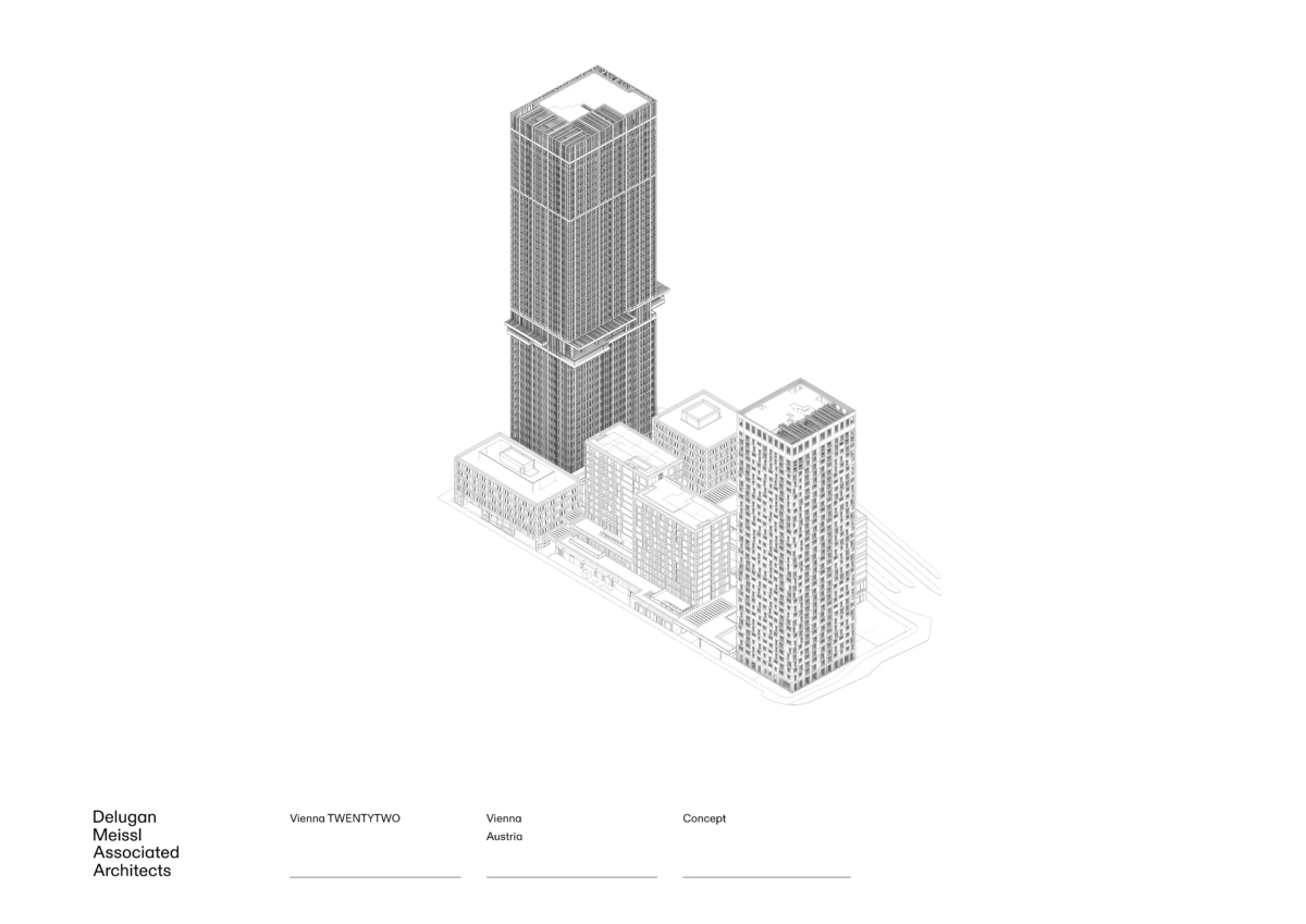 Isometric architectural rendering of a city block with a tall skyscraper centerpiece and surrounding mid-rise buildings.