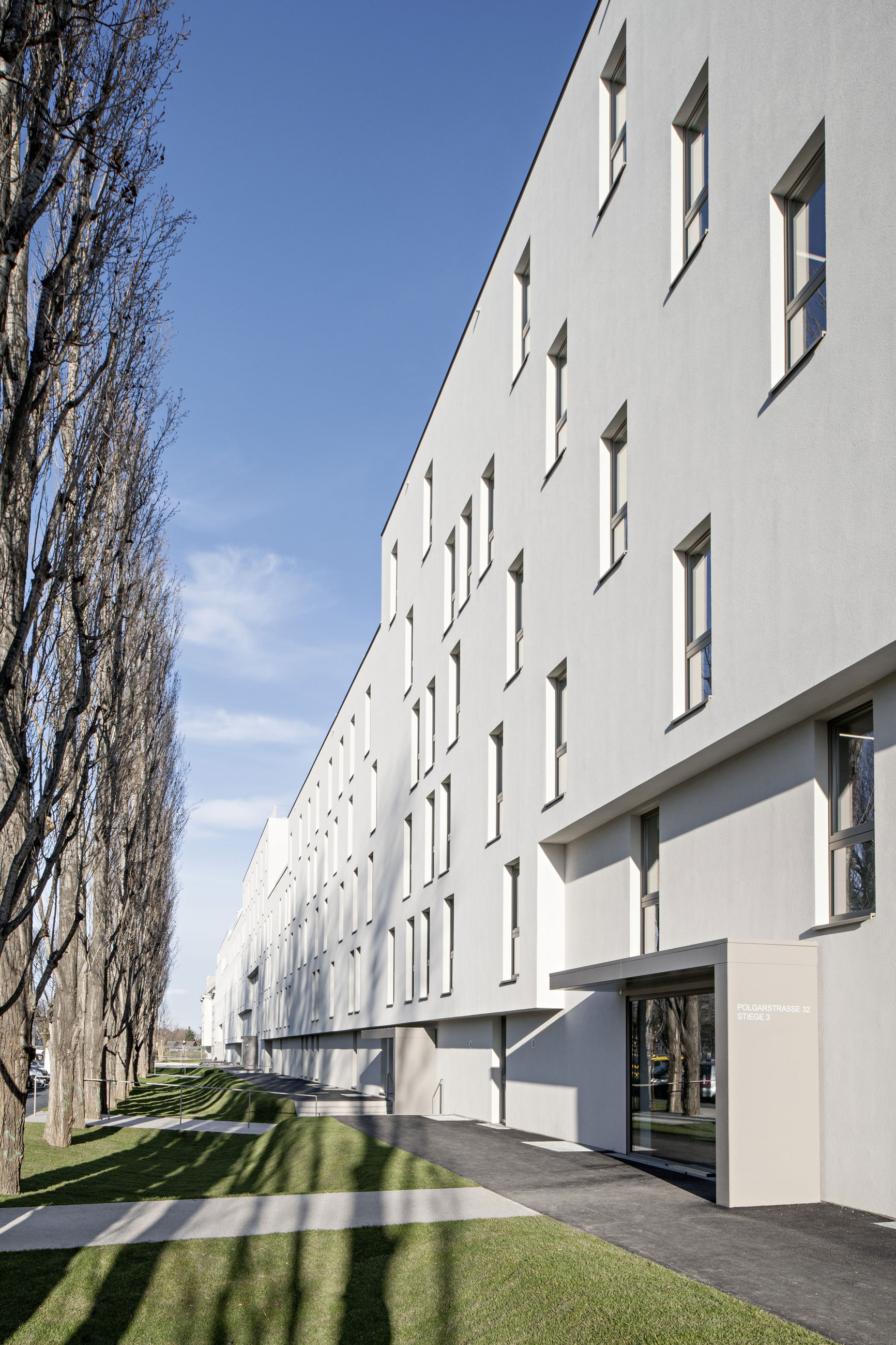 White modern apartment building with rectangular windows along a tree-lined walkway; bare trees cast long shadows on grass and sidewalk.