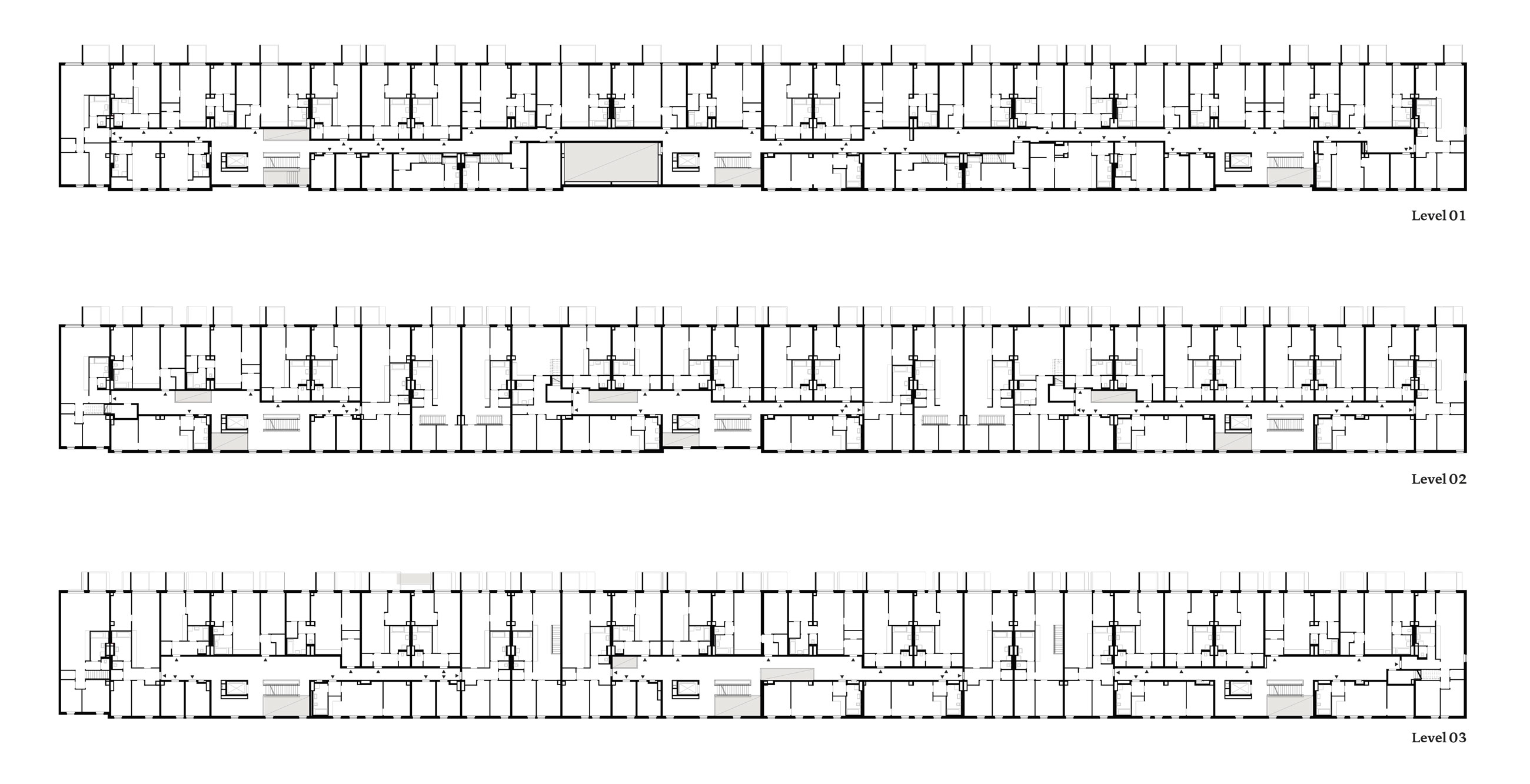Floor plan of a multi-story building with long corridors and many rooms across Level 01, Level 02, Level 03.