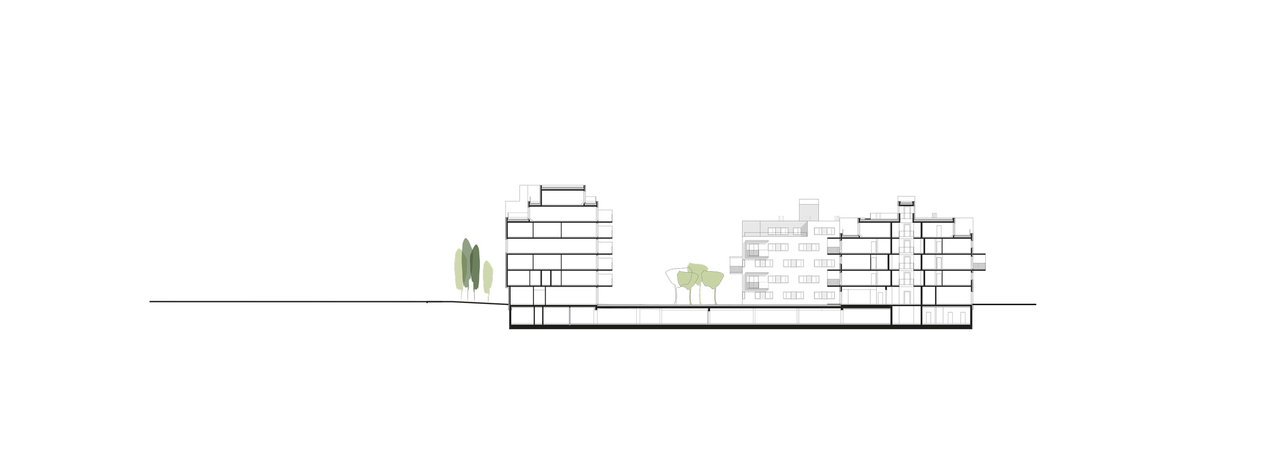 Architectural cross-section of a modern multi-story building complex with underground levels and trees along a street.