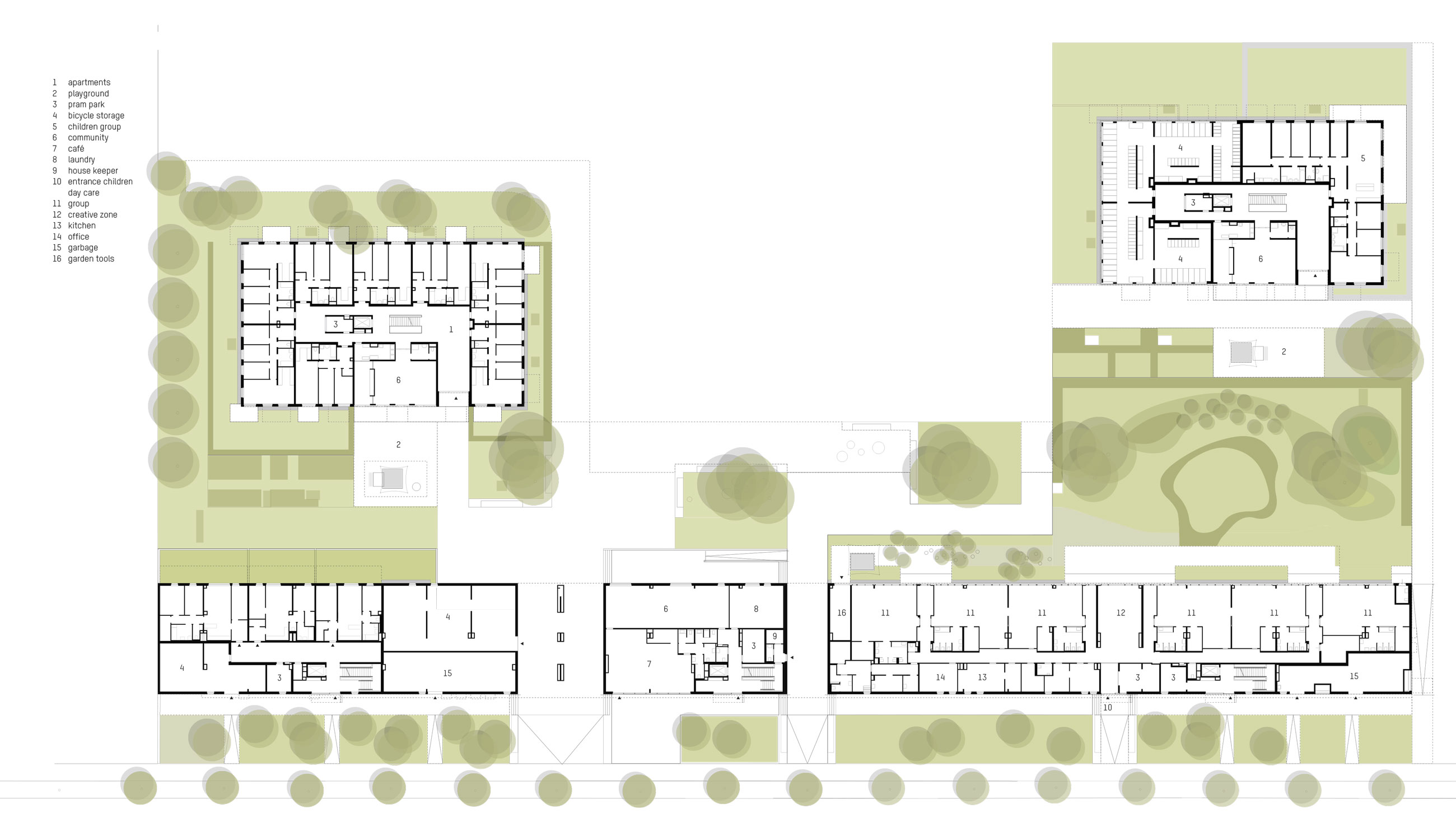 Architectural site plan of multiple rectangular buildings around central courtyards with walkways and landscaped green spaces.