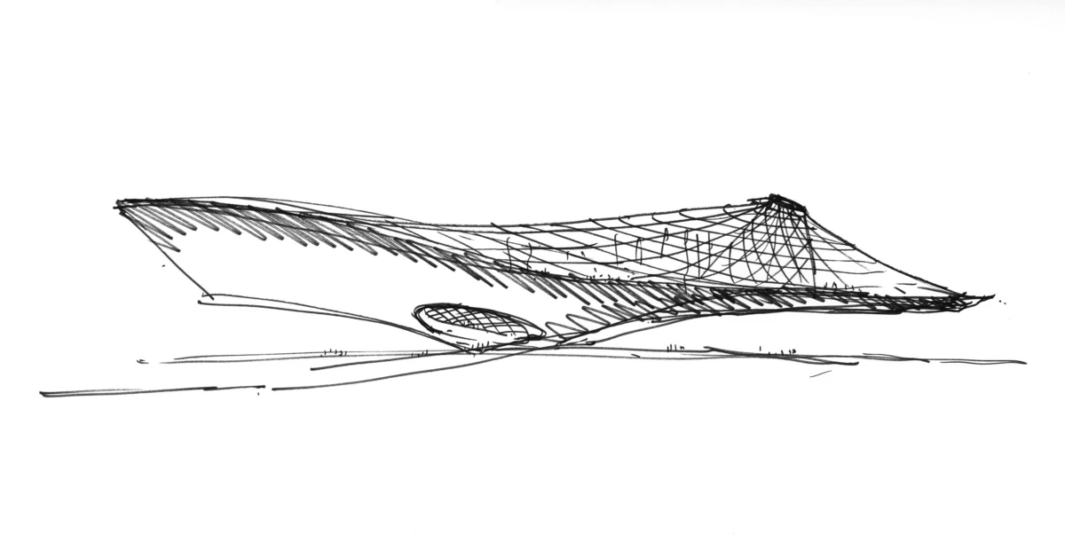 Sketch of a futuristic curved building with lattice roof on a flat landscape.
