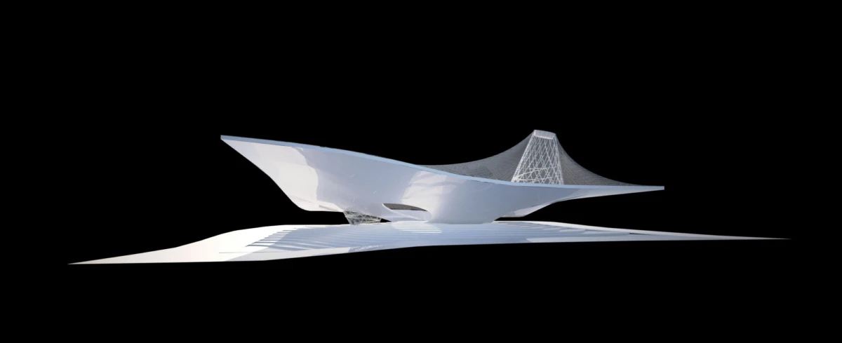 White futuristic sculpture with curved panels and a lattice tower on a flat white base, set against a black studio background.