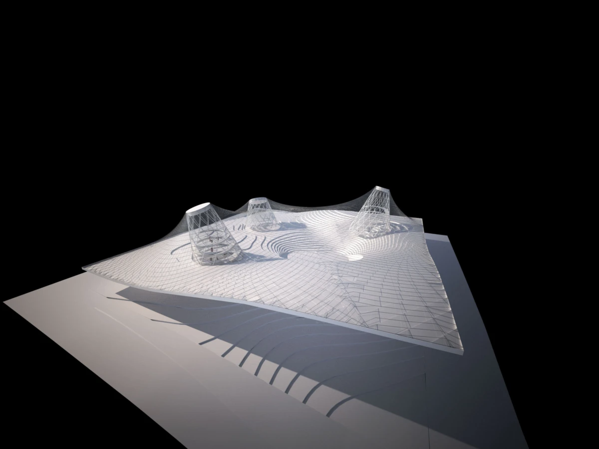 Wireframe architectural model with three conical lattice towers on a sloped, grid-patterned platform against black backdrop.
