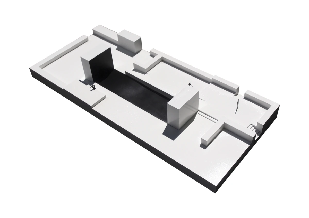 White architectural model of a rectangular site with a central black trench, elevated platforms, and tiny figures walking along the edges.