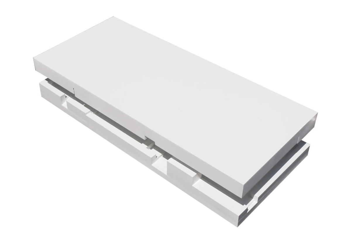 White rectangular two-drawer cabinet on a white background, with the lower drawer slightly open.