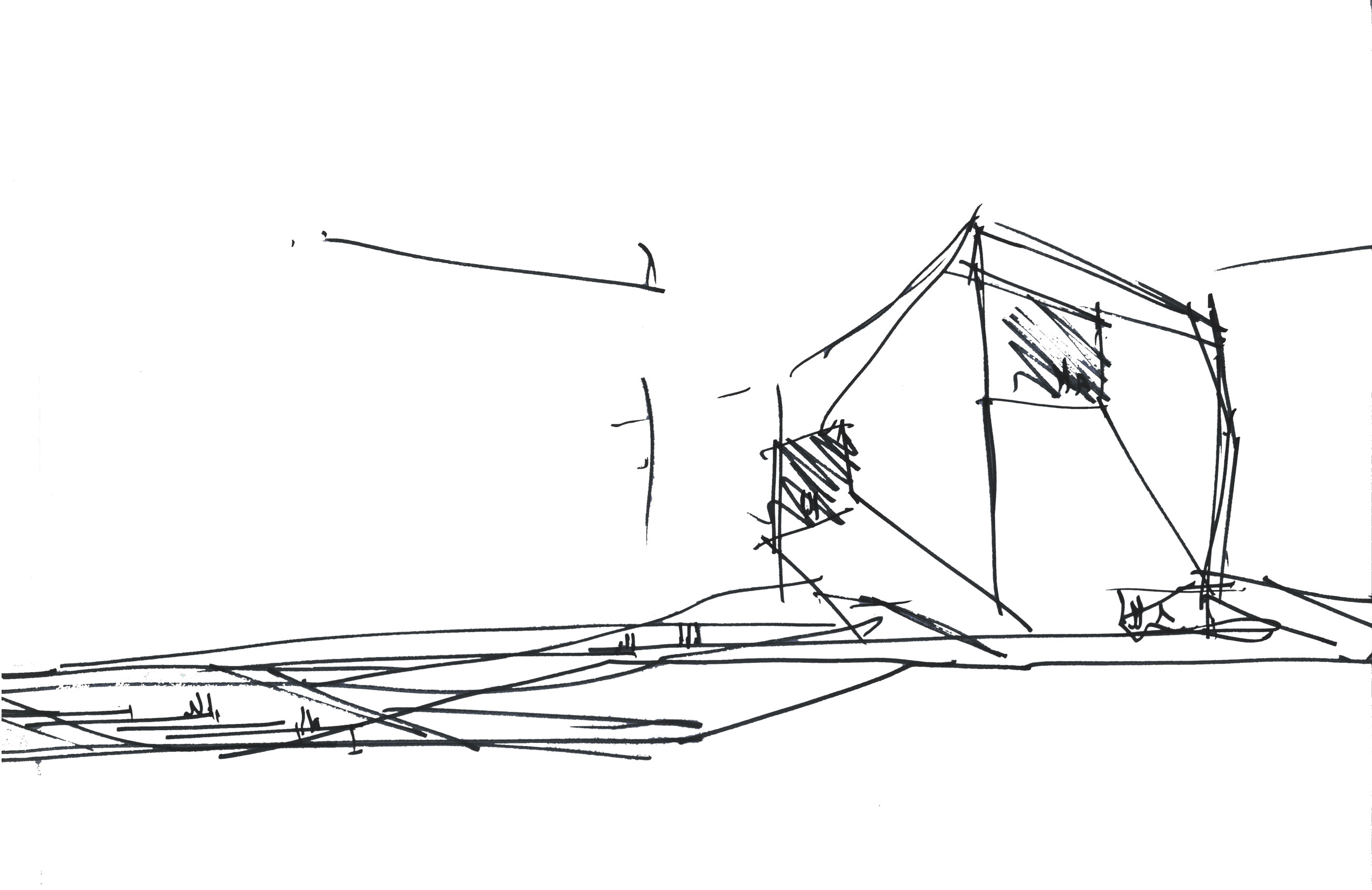Abstract sketch of a pitched-roof house on a flat landscape with diagonal ground lines.