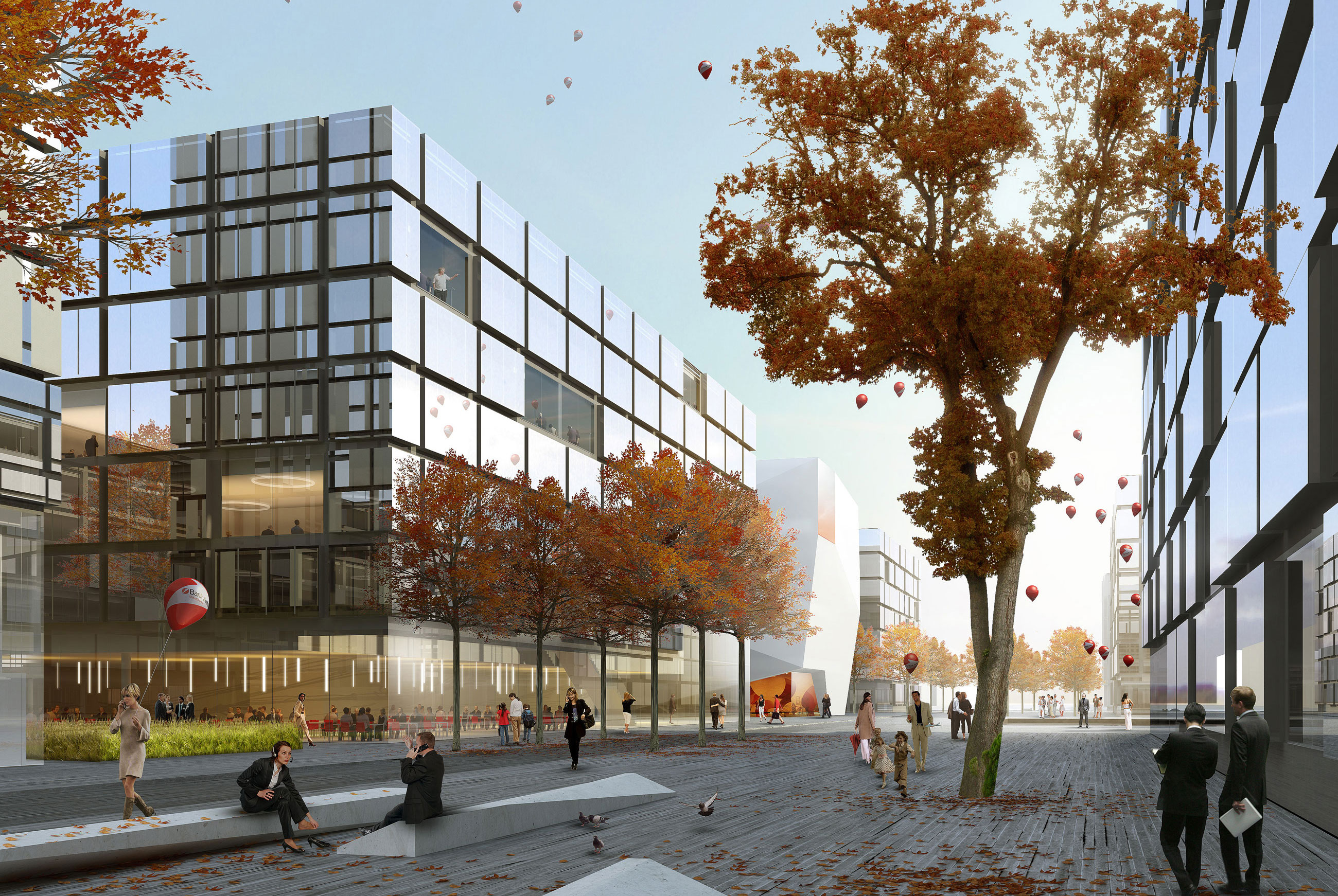 People walk and sit in a modern plaza with glass office buildings and autumn trees, balloons in the sky.