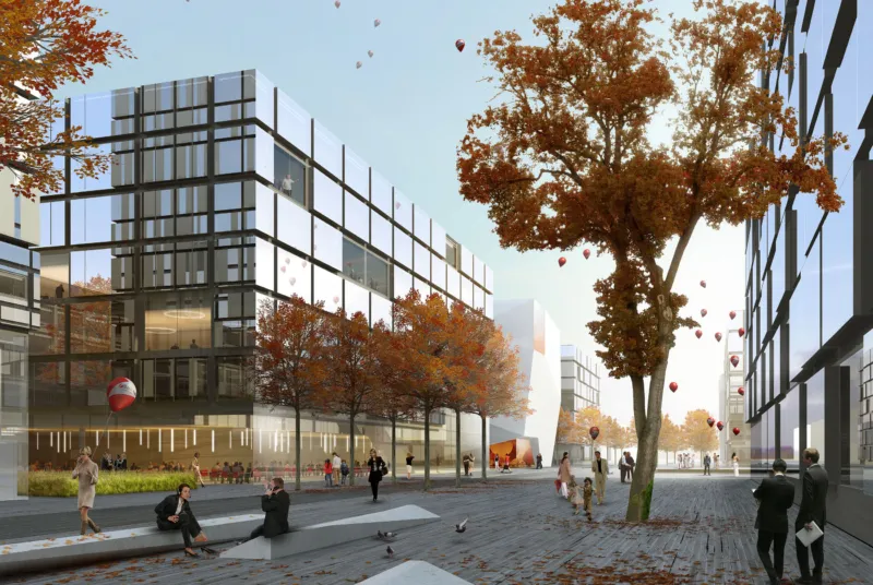People walk and sit in a modern plaza with glass office buildings and autumn trees, balloons in the sky.