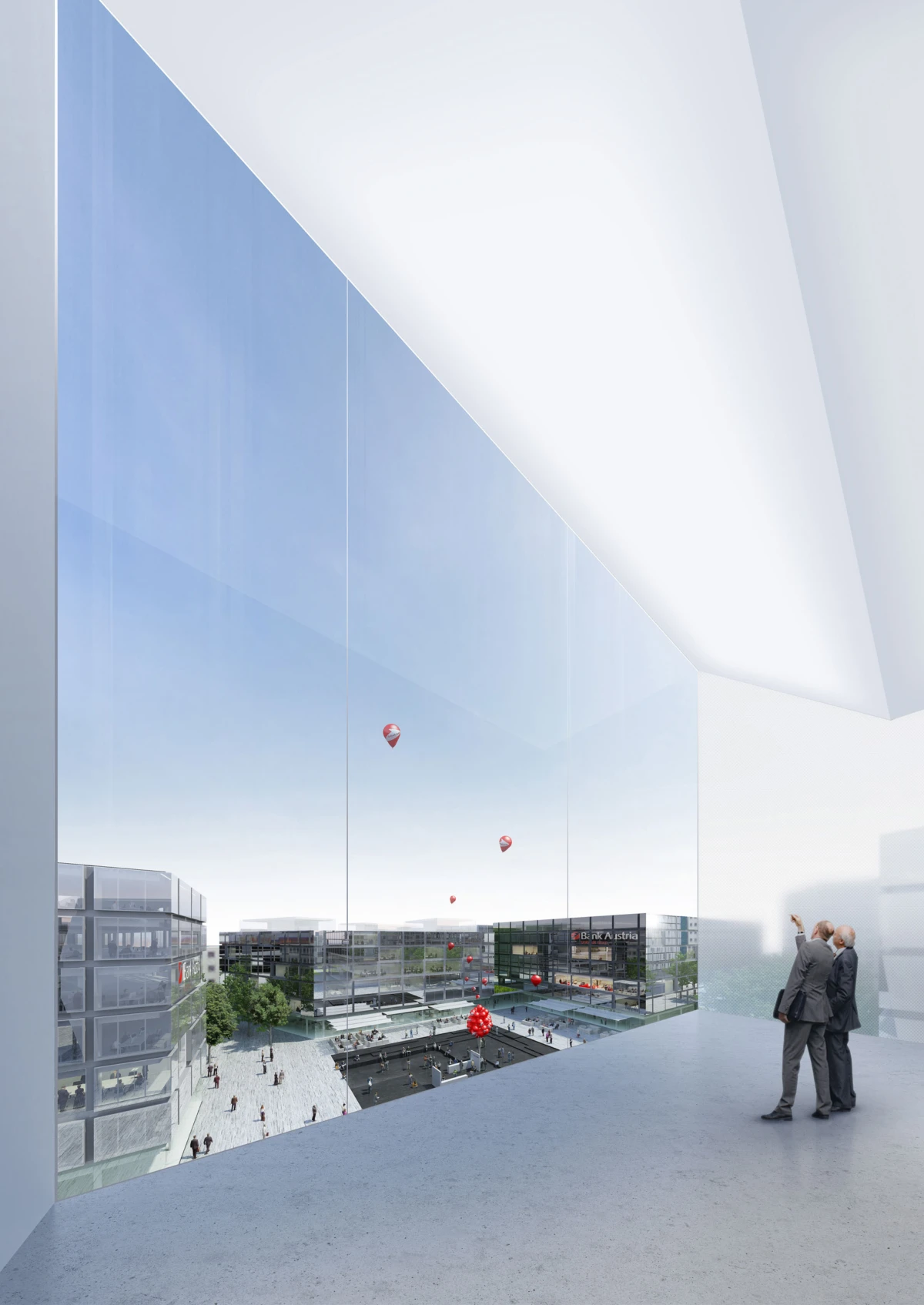 Two people in business attire stand on a balcony overlooking a glass-walled urban plaza, with red balloons rising above a modern office complex.