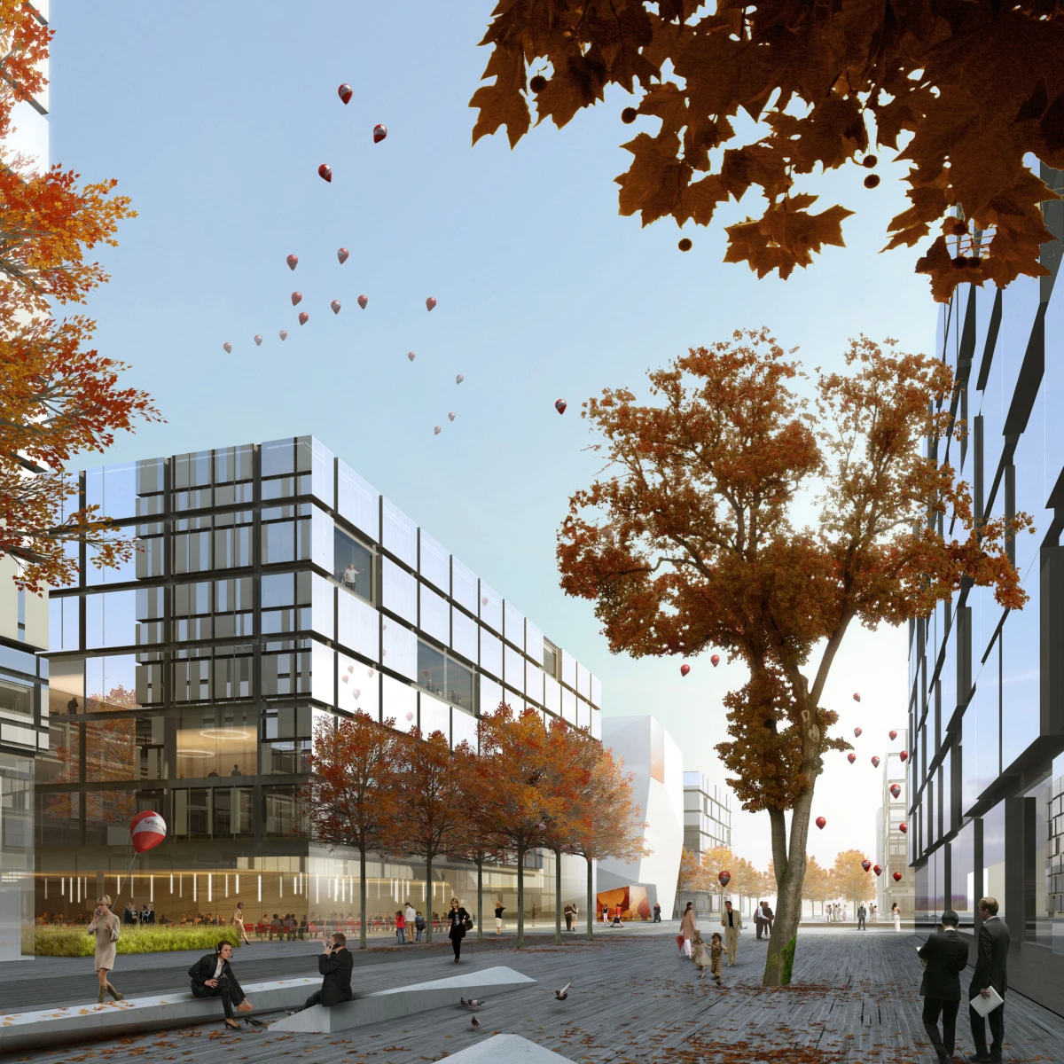 Glass-fronted modern buildings frame an autumn plaza with orange-leaved trees; pedestrians walk and sit while red balloons drift in the sky.