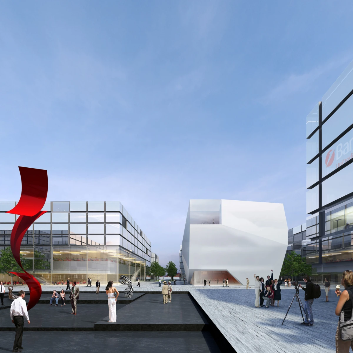 Contemporary city plaza with glass office buildings, a white angular structure, a red curved sculpture, and people walking and taking photos.