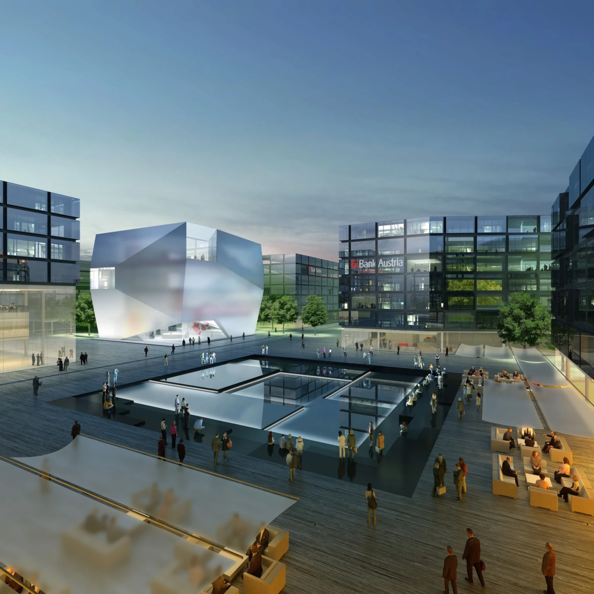 Geometric white sculpture in a modern urban plaza with glass office buildings and a reflecting pool; people stroll.