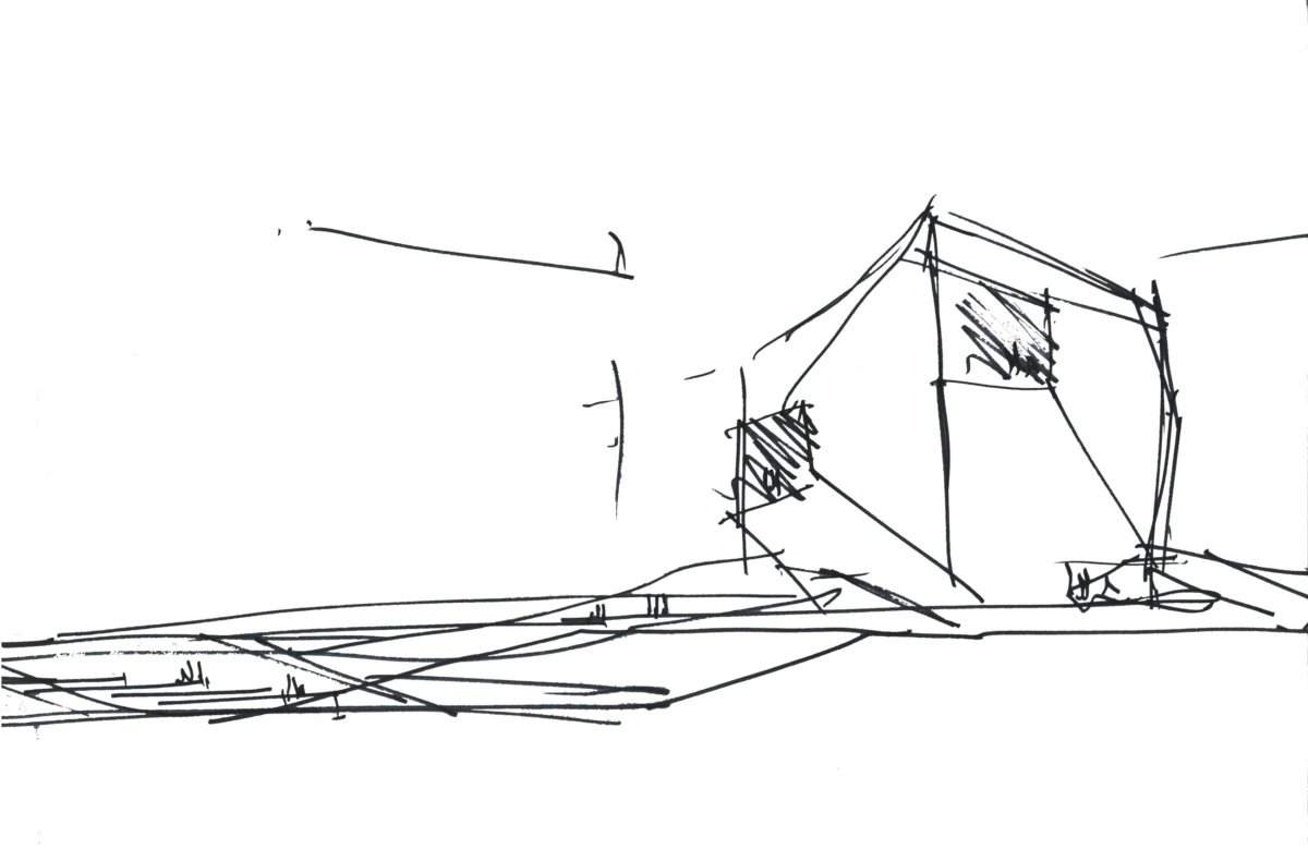 Abstract sketch of a pitched-roof house on a flat landscape with diagonal ground lines.