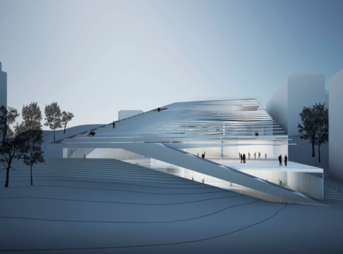 Futuristic glass pavilion with a tiered sloped roof; people walk on terraces and a ramp in a tree-lined urban landscape.