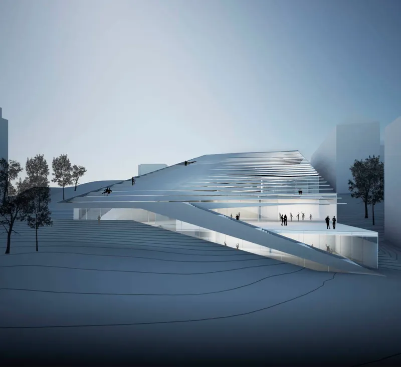 Futuristic glass pavilion with a tiered sloped roof; people walk on terraces and a ramp in a tree-lined urban landscape.