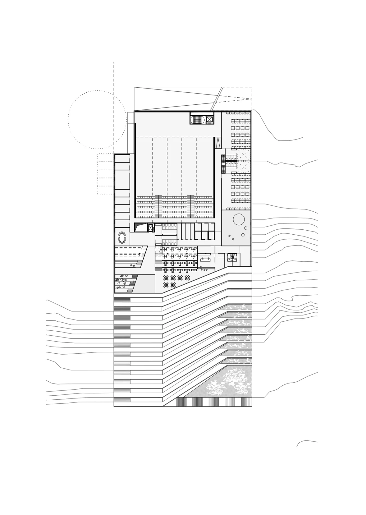 Hillside site plan of a multi-story building with an auditorium, seating, offices, terraces, and contour landscaping.
