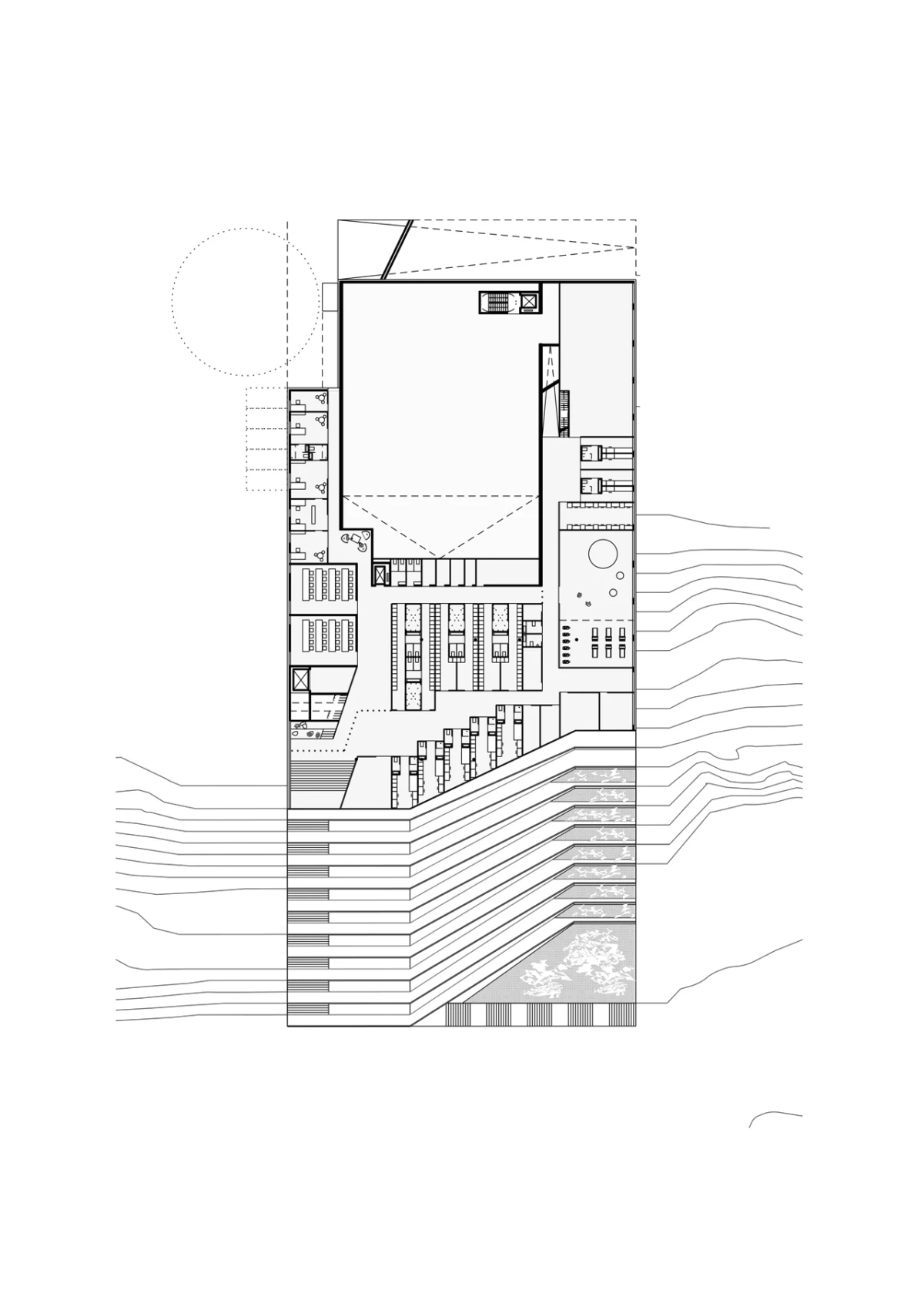 Top-down architectural floor plan of a multi-level building on a hillside, featuring terraced levels, interior rooms, and contour lines.