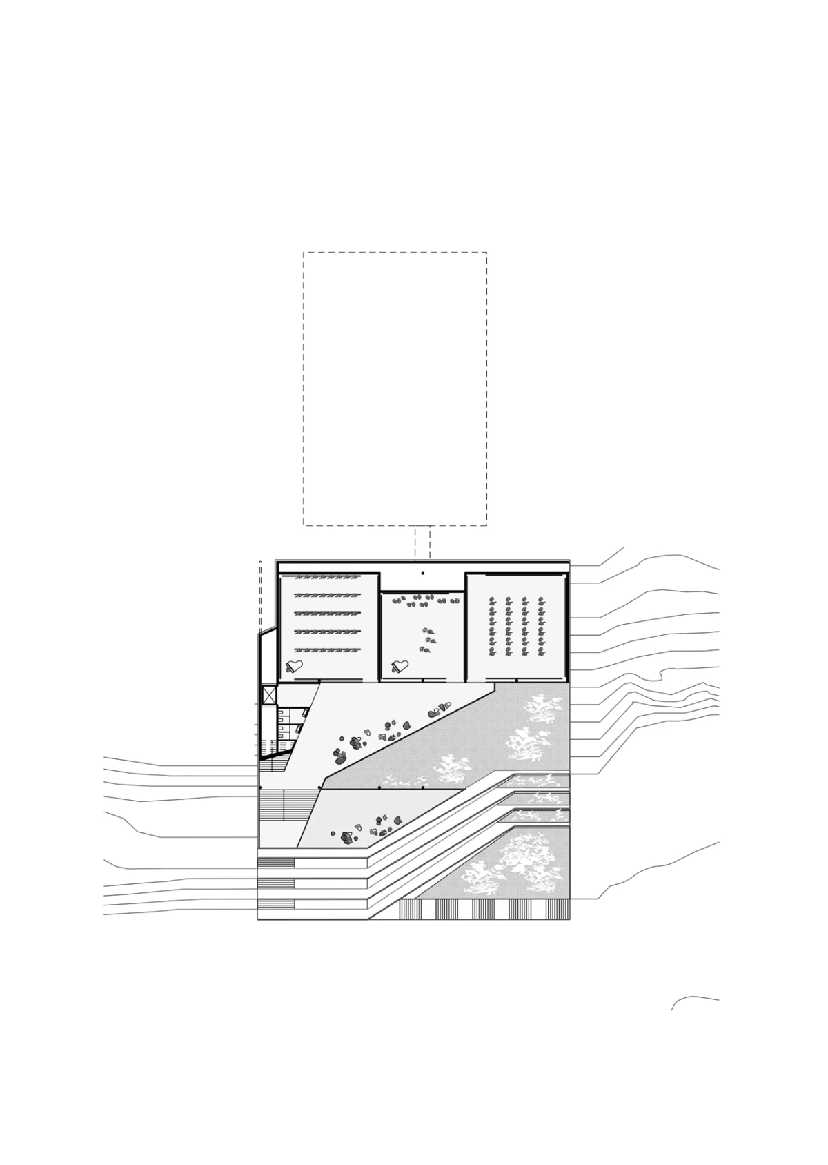 Cross-sectional view of a multi-level building on a sloped site with diagonal ramp, terraced gardens, stairs, and contour lines.