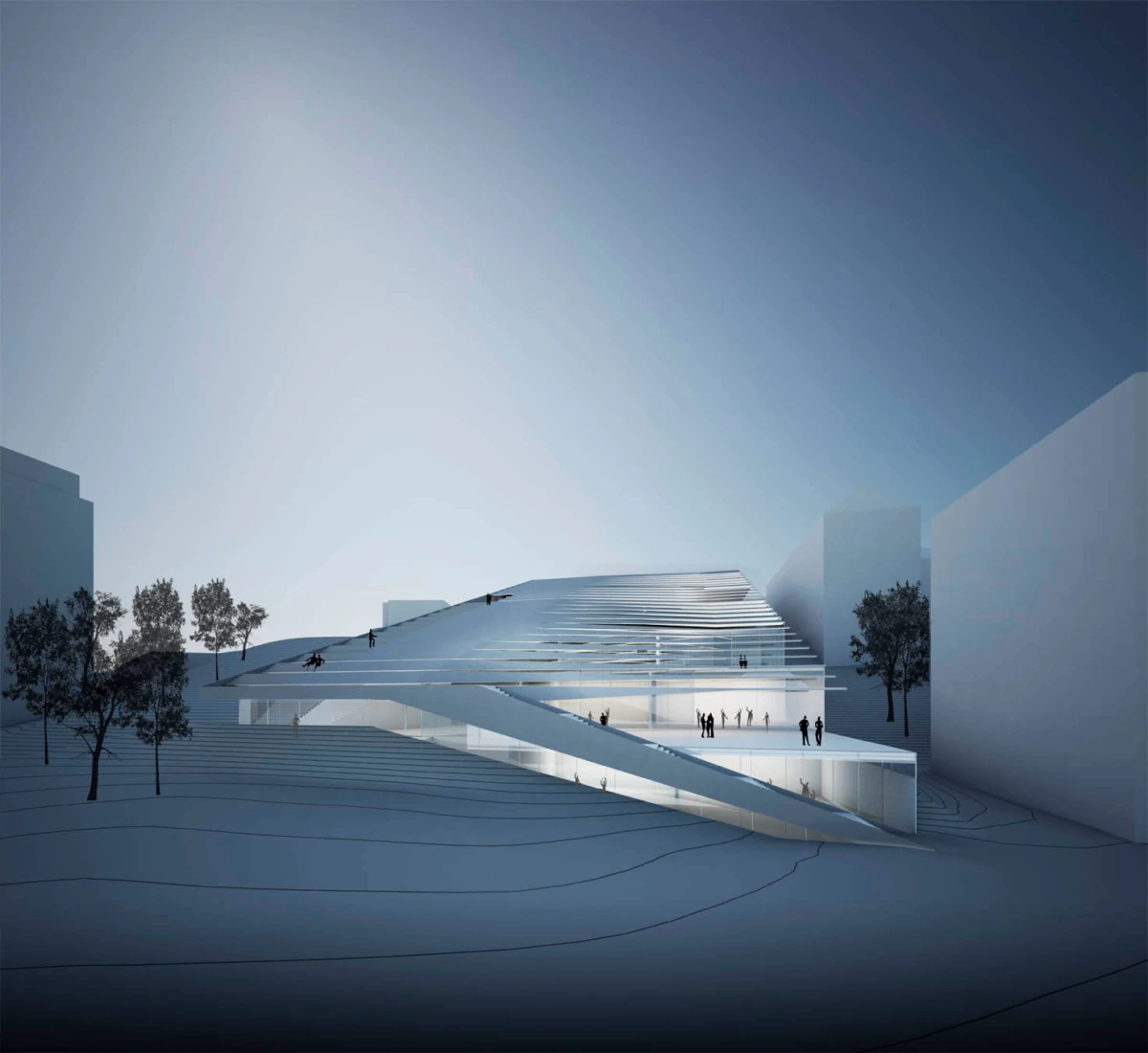 Futuristic glass building with stepped glass roof terraces; people walk on elevated platforms and ramps in a plaza with trees under a blue sky.