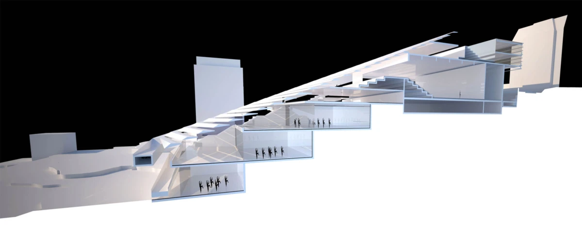 Cross-section of a multi-level hillside building showing interior stairways and silhouetted figures inside transparent floors.