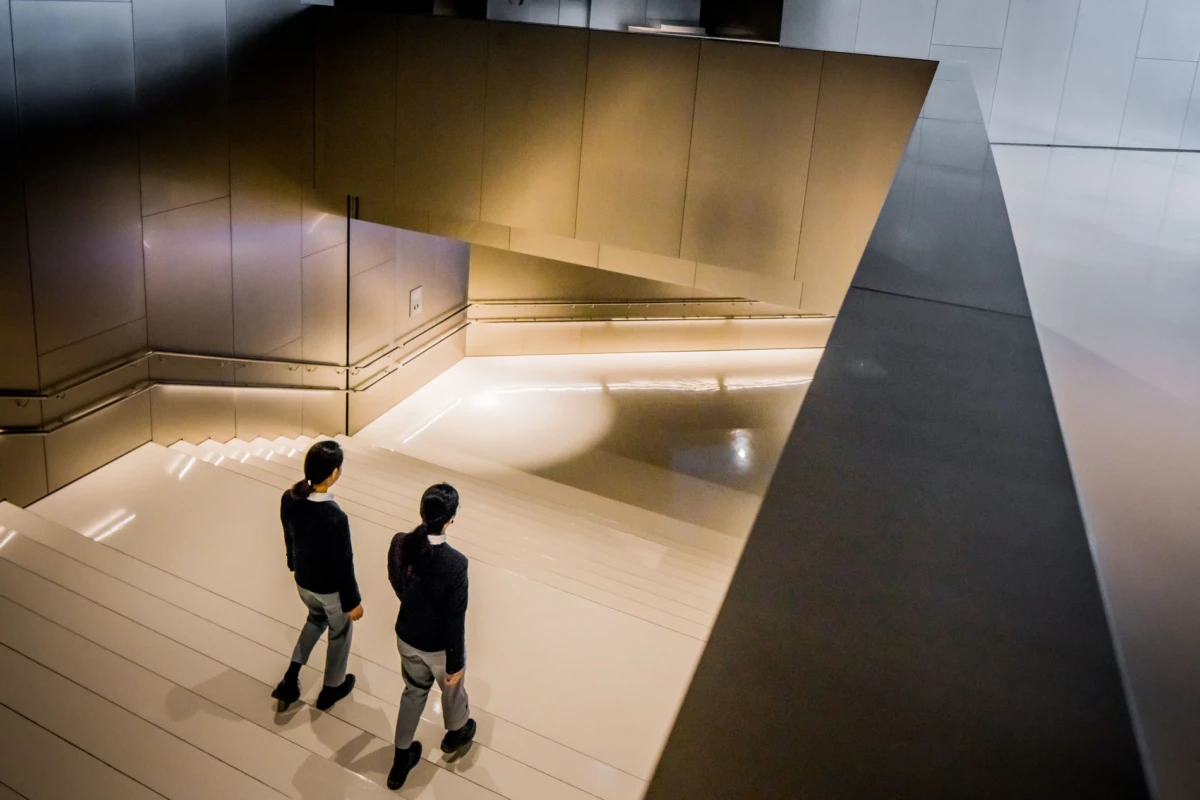Two people descend a wide white staircase inside a sleek metal-clad, angular interior.