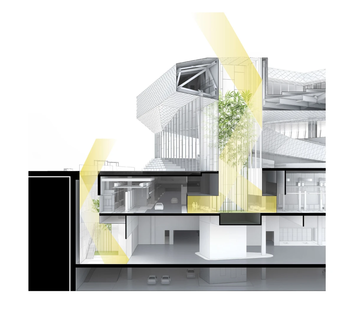 Cross-section of a modern, multi-story building with glass atrium, interior bridges, trees, and yellow light beams; underground parking.