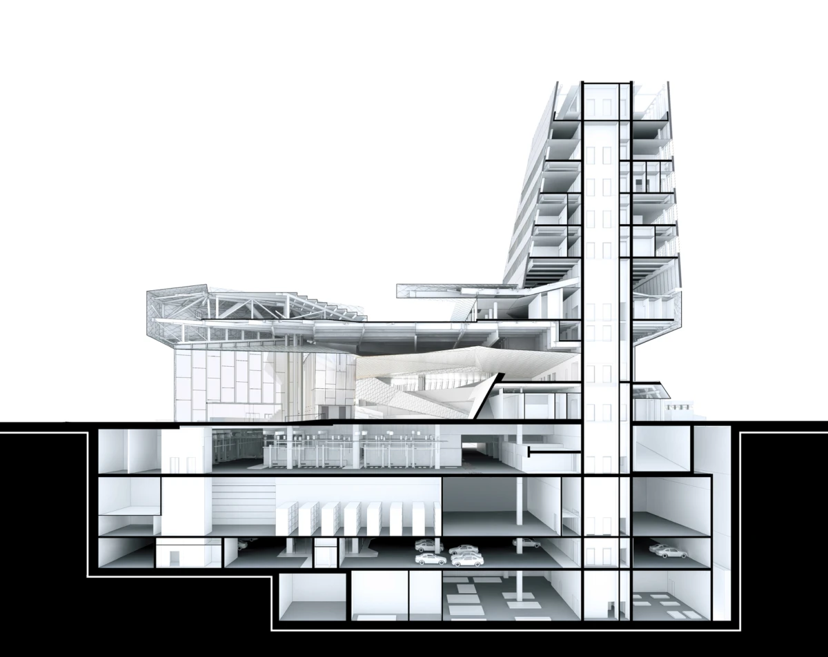 Cross-section view of a modern mixed-use skyscraper with a podium, showing underground parking and multiple interior levels.