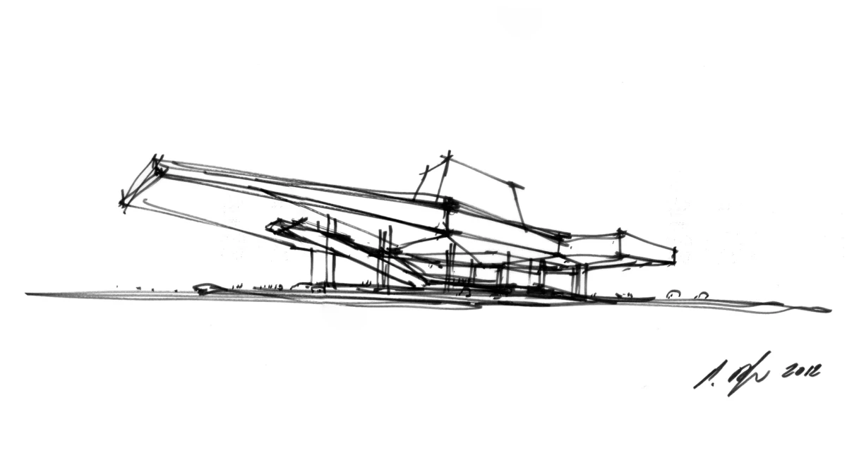 Ink sketch of a gantry crane on a barge with long booms extended to the left over water.