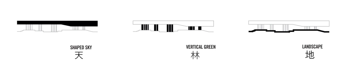 Three schematic cross-section diagrams titled SHAPED SKY, VERTICAL GREEN, LANDSCAPE, each with a top black bar and linear profile; Chinese characters 天 林 地 beneath.
