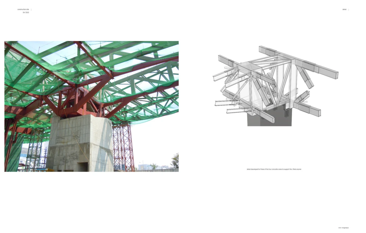 Left: construction site with red steel frame under a green translucent canopy atop a concrete column; right: gray 3D truss diagram.