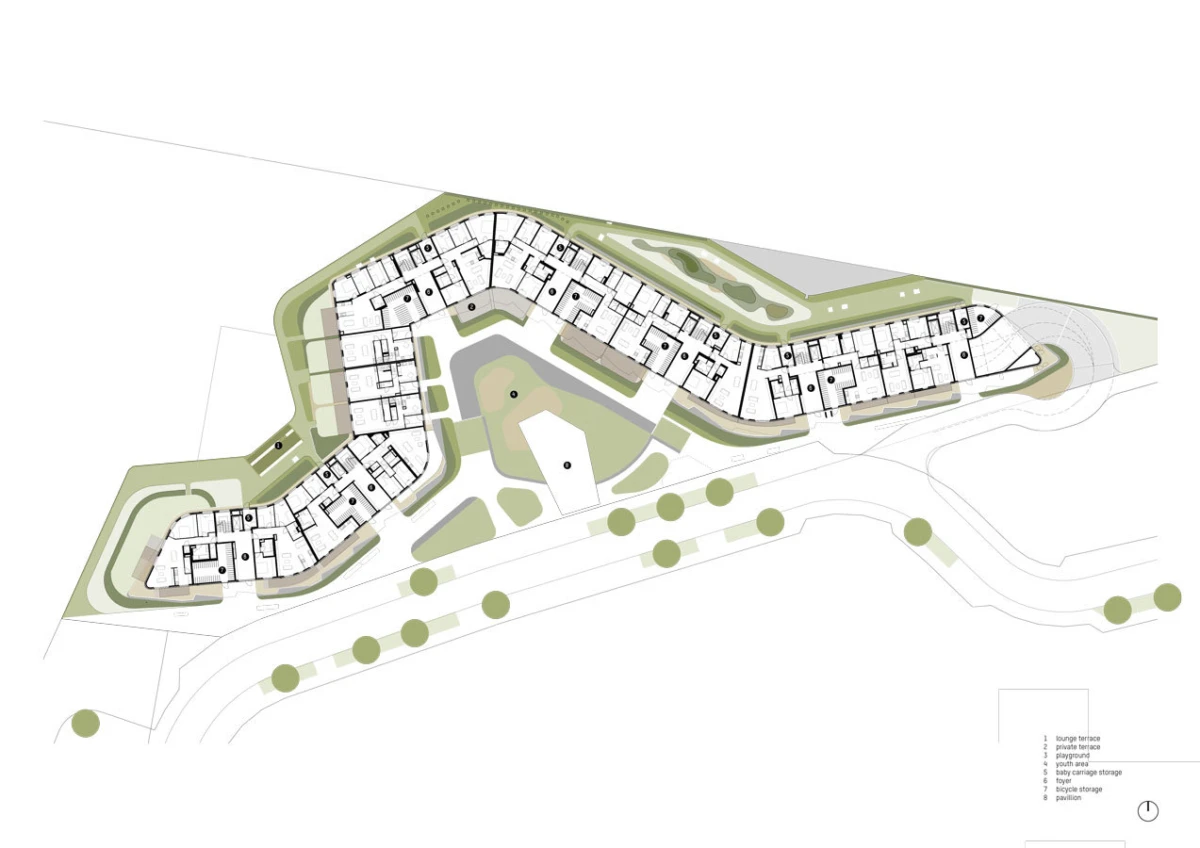 Site plan of curvilinear residential blocks forming a winding complex around central courtyards on a hillside, with green spaces and pathways.