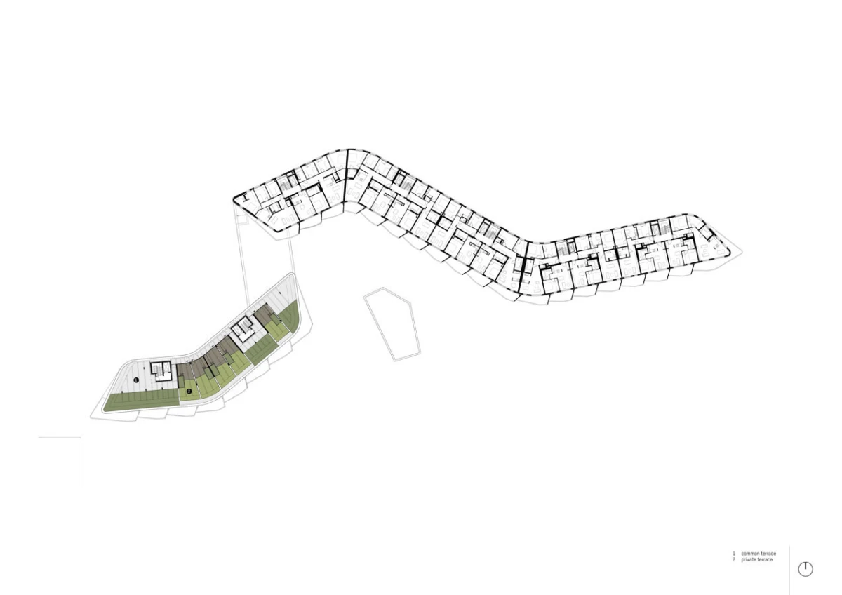 Overhead floor plan depicting a meandering residential building with terrace decks and segmented units.