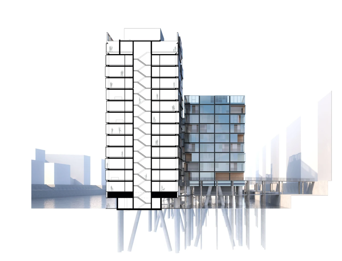 Cross-section of a modern two-tower building on stilts over water; left tower reveals stair cores, right glass-clad block with urban skyline.