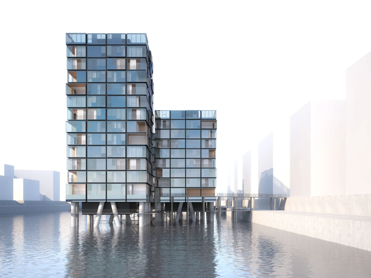 Glass-clad high-rise on stilts over water, two connected towers with an elevated walkway, urban waterfront scene.