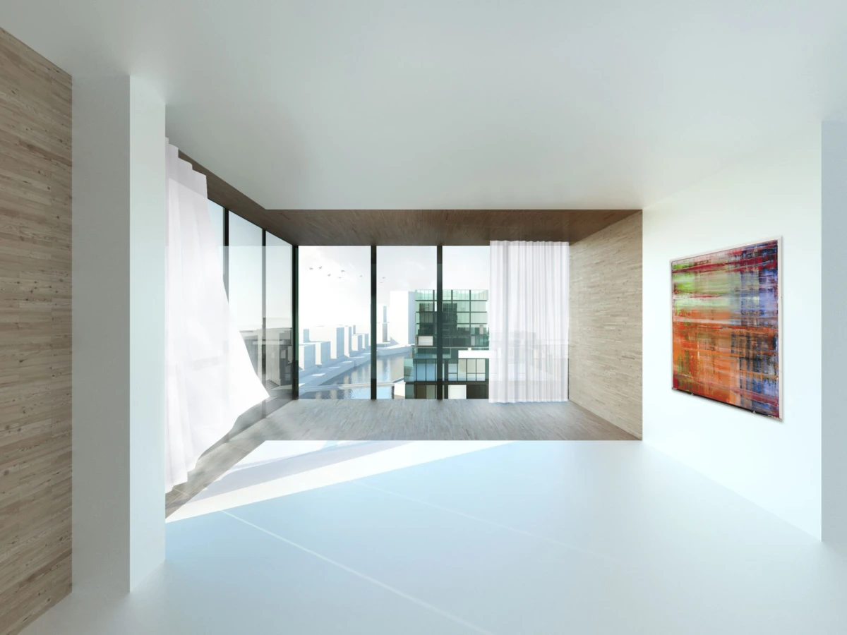 Empty modern room with floor-to-ceiling windows, city view, wooden accent wall, and a colorful abstract painting on the right.