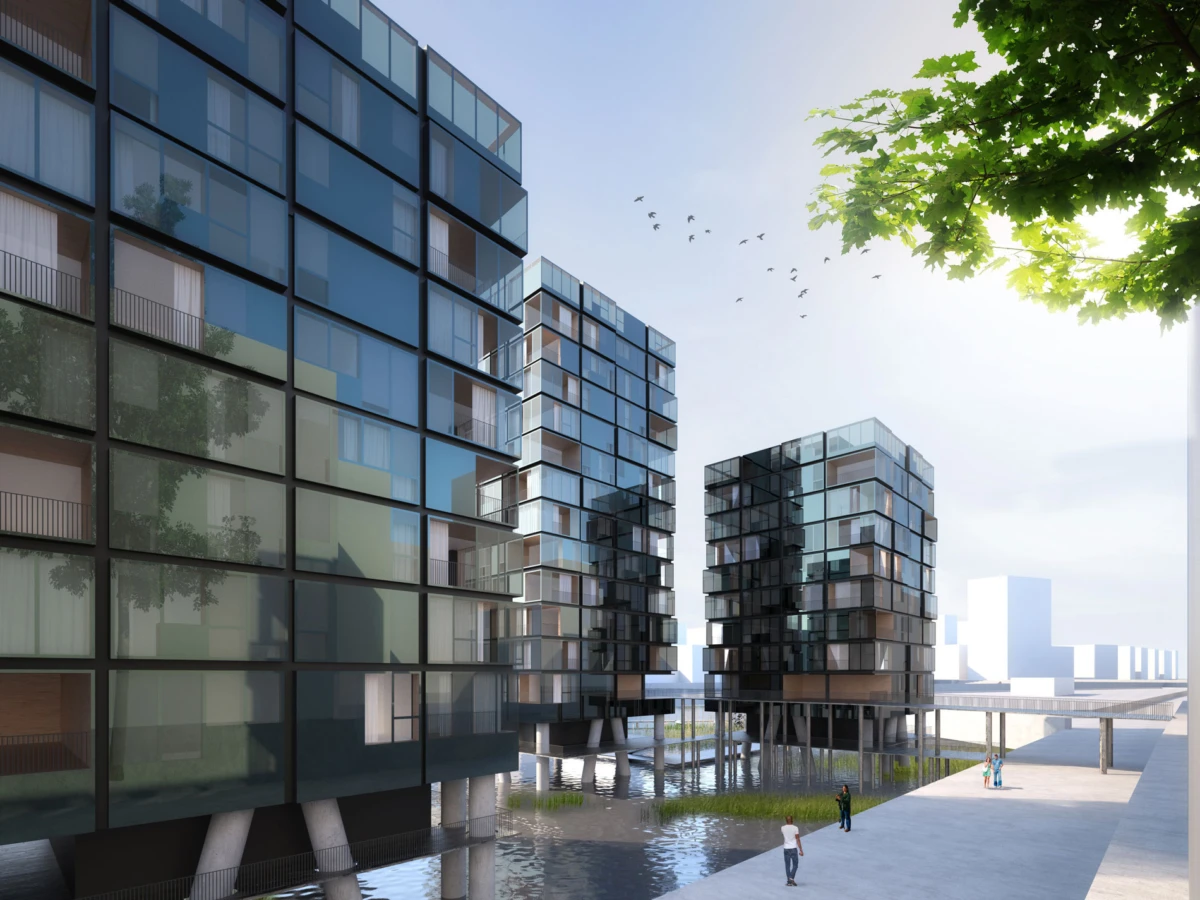 Glass-clad residential towers on stilts over water with an elevated boardwalk; pedestrians stroll along the promenade under a leafy top-right tree.