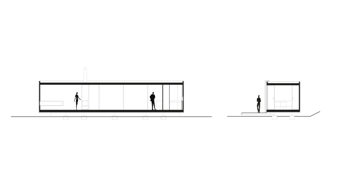 Cross-section of a modern glass-walled residence on stilts; two silhouettes standing inside, one near a bench, the other by a door, with a smaller module to the right.
