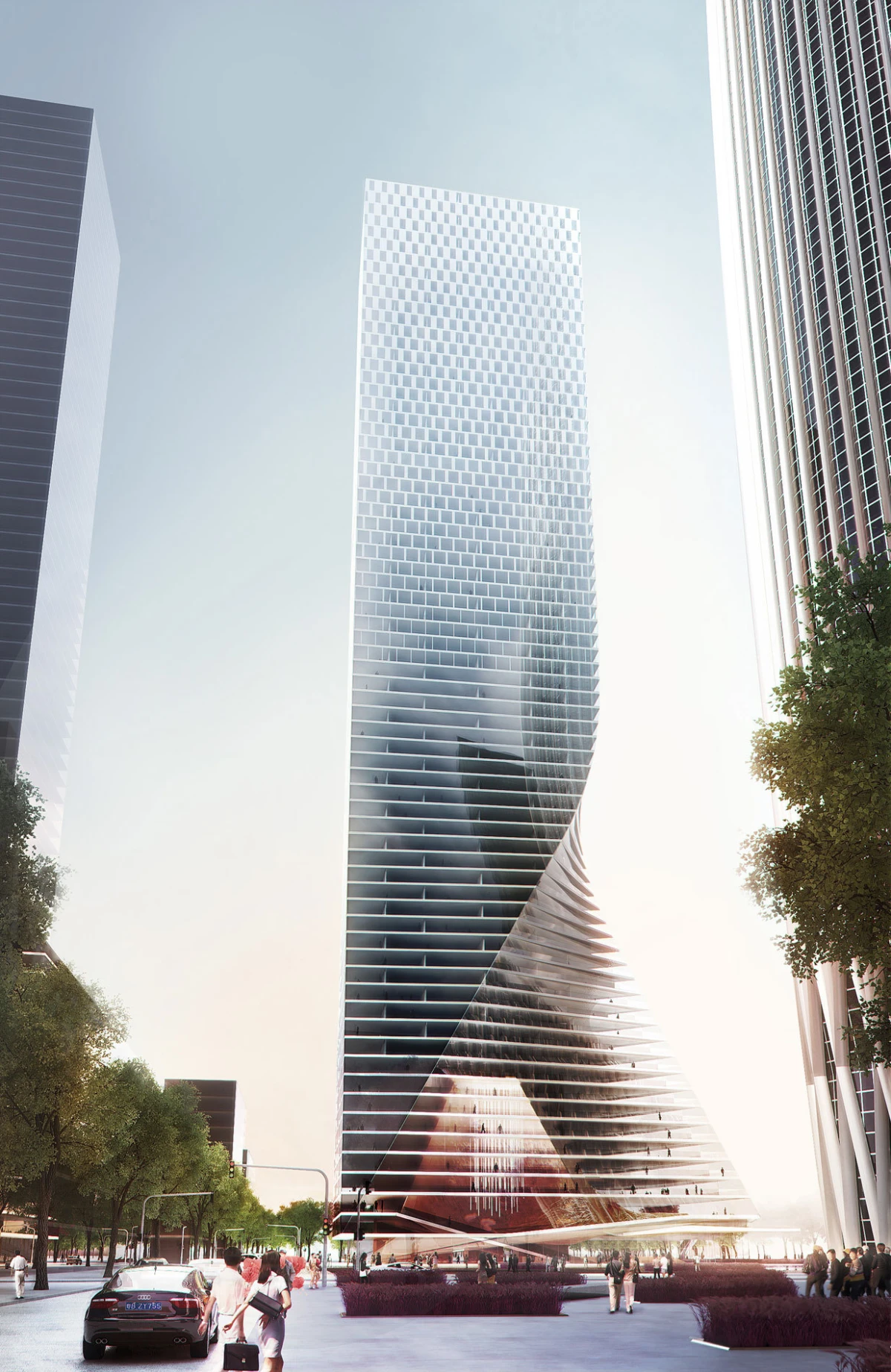 Twisting glass skyscraper with sail-like base soars above a modern city plaza; pedestrians and cars along tree-lined streets.