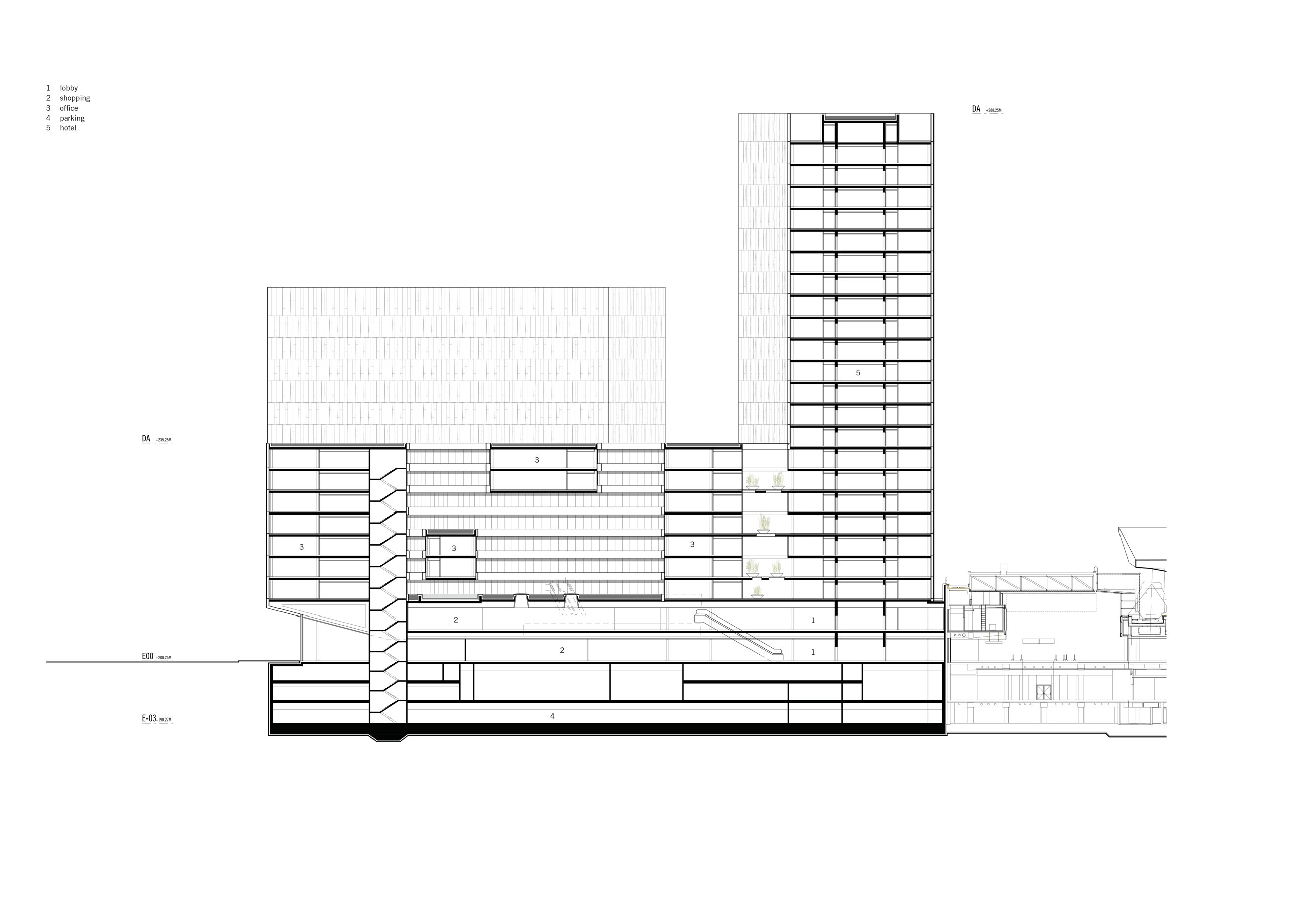 Architectural cross-section of a multi-block building with a tall tower, showing floors, staircases, and underground levels.